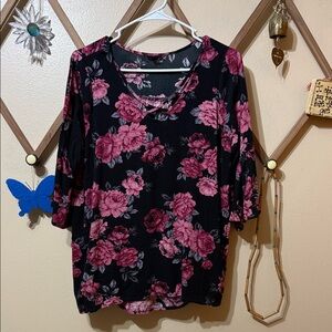 Torrid Floral Blouse with Pink Roses on Black